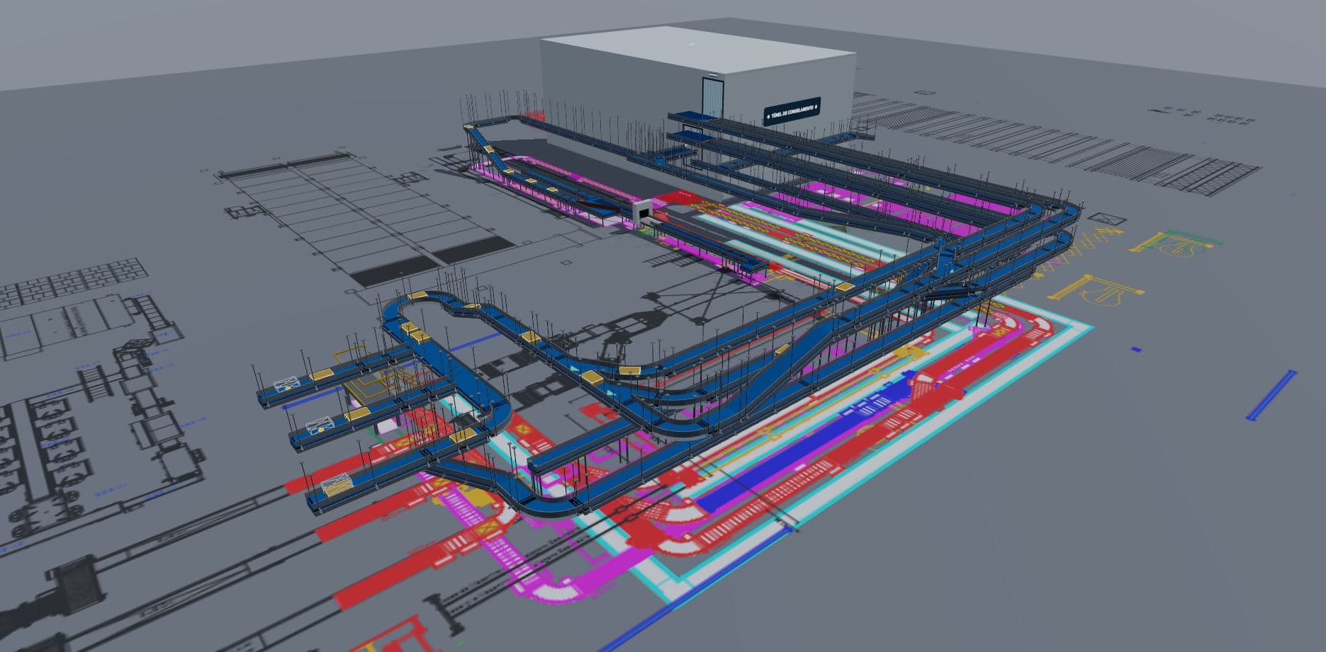 Linha industrial completa simulada em 3D no Horizon SIM, com túnel de congelamento